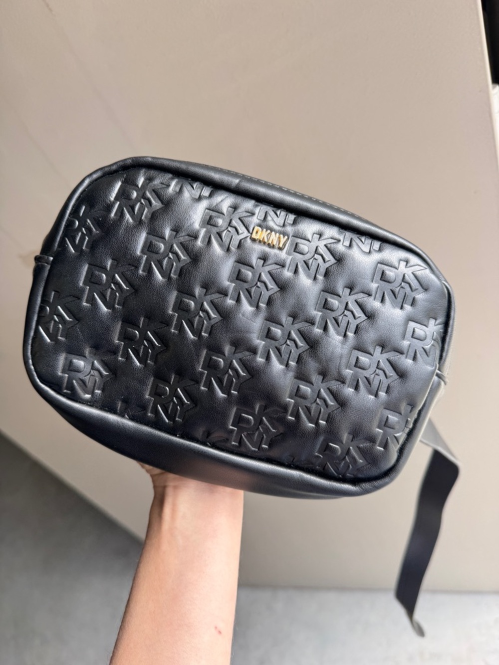 DKNY Black Embossed Logo Belt Bag with Gold Accent NWT